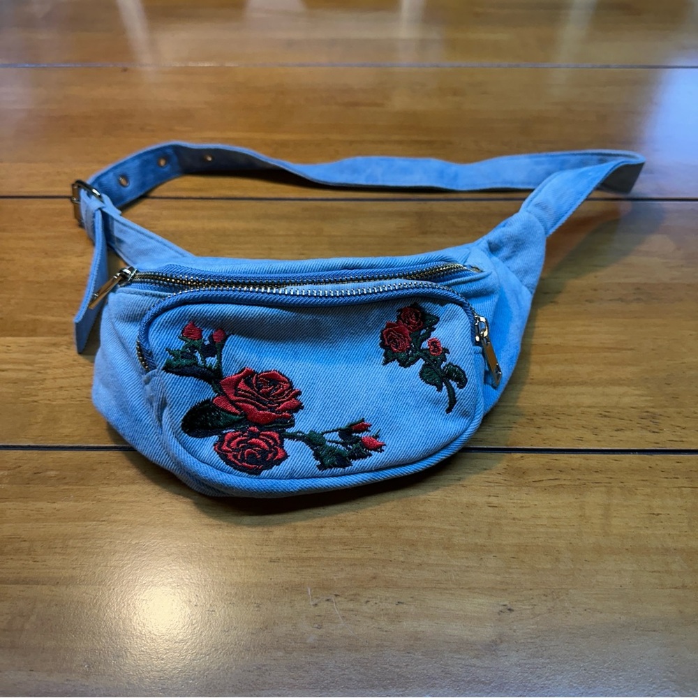 Forever 21 Light Blue Denim Embroidered Rose Crossbody Waist Bag